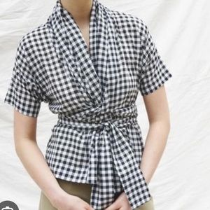 Caron Callahan Black and White Checkered Wrap Top